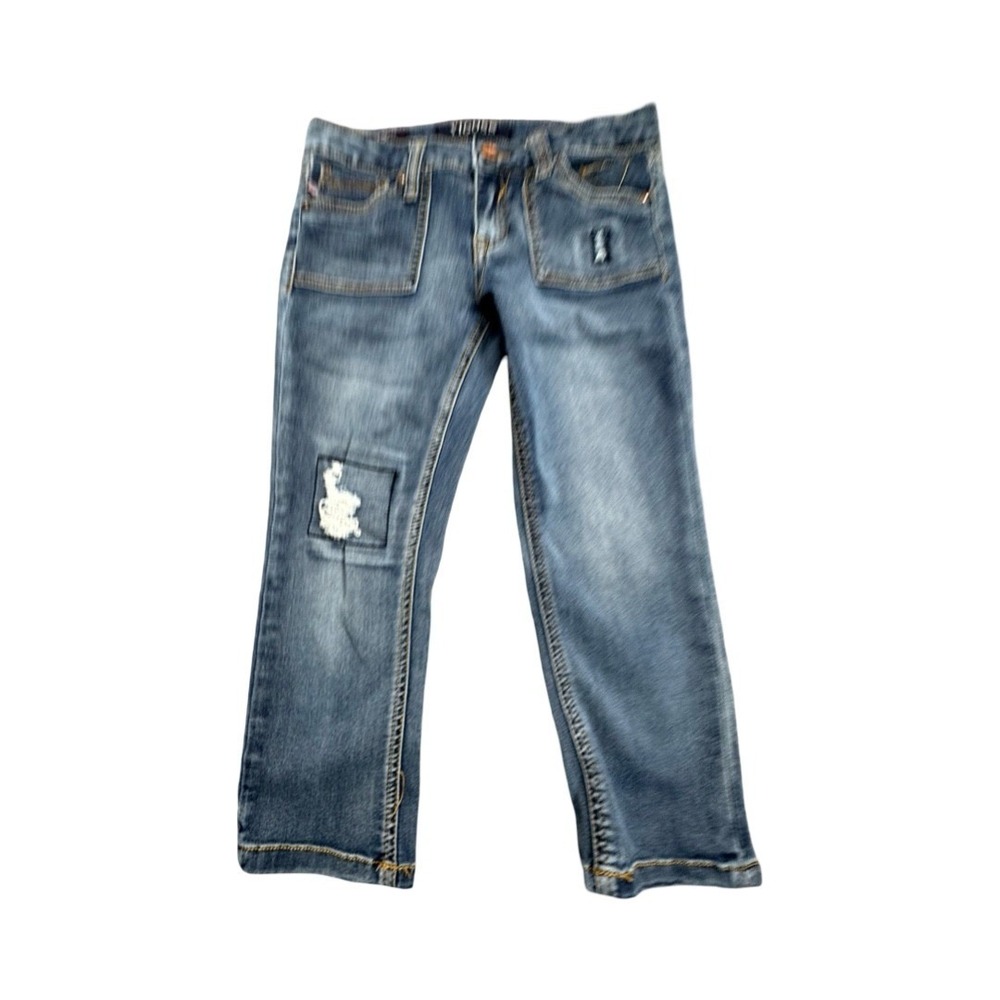 Vigoss‎ Jeans Girls Size 10 Blue Jagger Capri Distressed Patch Pocket Denim